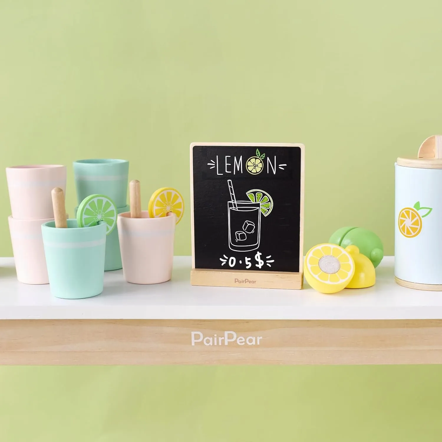 PairPear Wooden Toys Lemonade Playset,Kids Play Food Pretend Play Lemonade Stand Kit,Play Kitchen Grocery Maket Acessories Gift for Toddler Girls and Boys 3 Years 