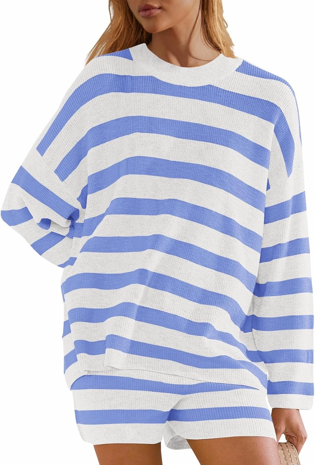 Panadila Womens Striped Sweater Set Oversized Lounge Sets Matching Pajamas Long Sleeve Sweater Top and Shorts
