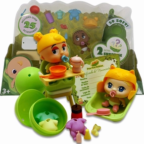 Pea Pod Babies Twenty Five Piece Dinner and Bath Time Playset - Collectible Mystery Surprise Toy with Mini Baby, Clothing, & Accessories - All in A Soft Pea Pod - Small Doll, Ages 3 