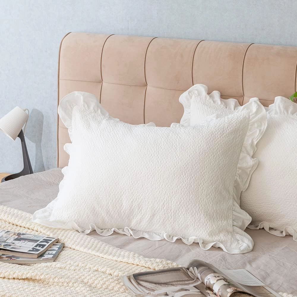 Pillow Shams Set of 2 Pure Cotton Champray Ruffled Edge,Thick and Solid Washed Dobby Heavy Fabric (Standard 20x26 inches)