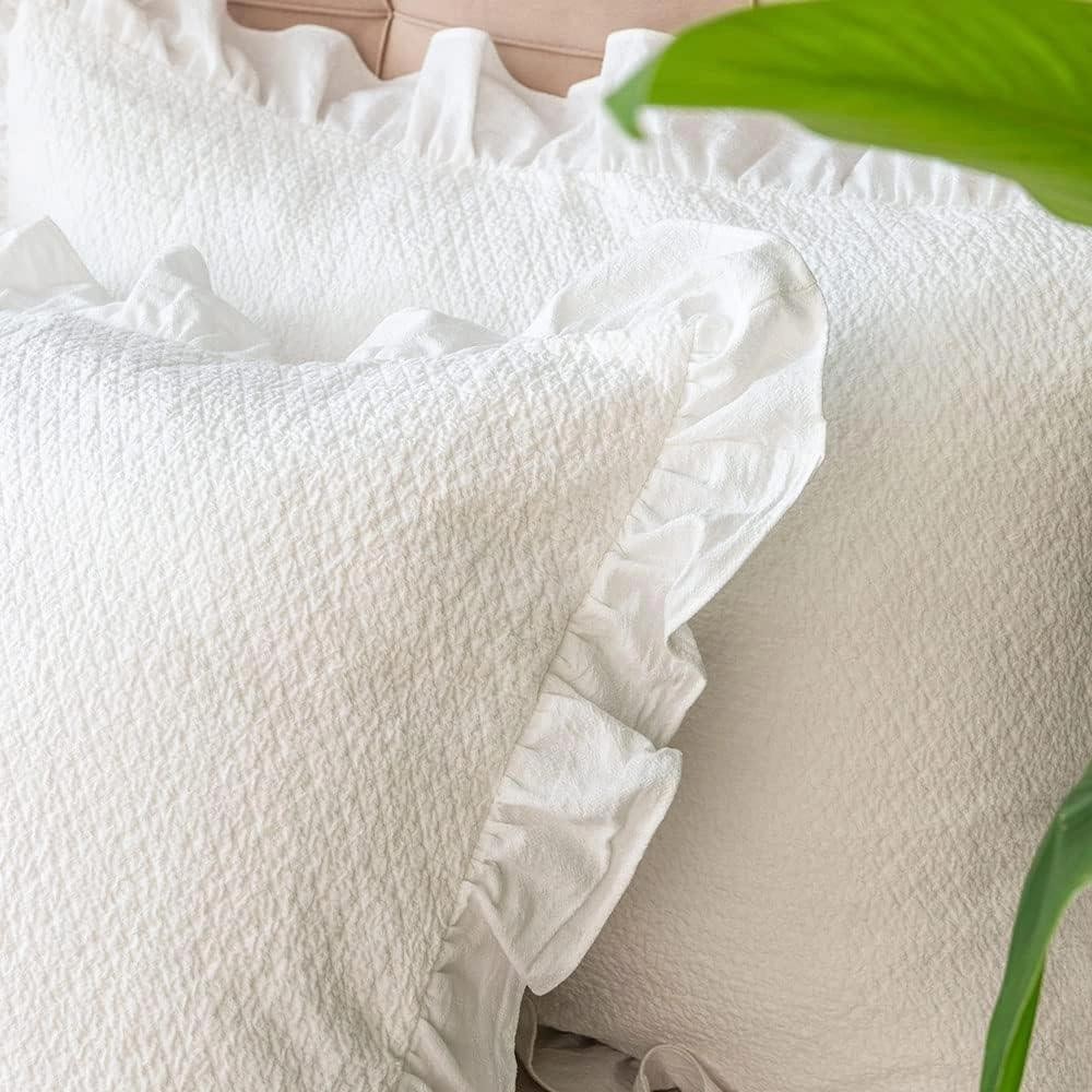 Pillow Shams Set of 2 Pure Cotton Champray Ruffled Edge,Thick and Solid Washed Dobby Heavy Fabric (Standard 20x26 inches)