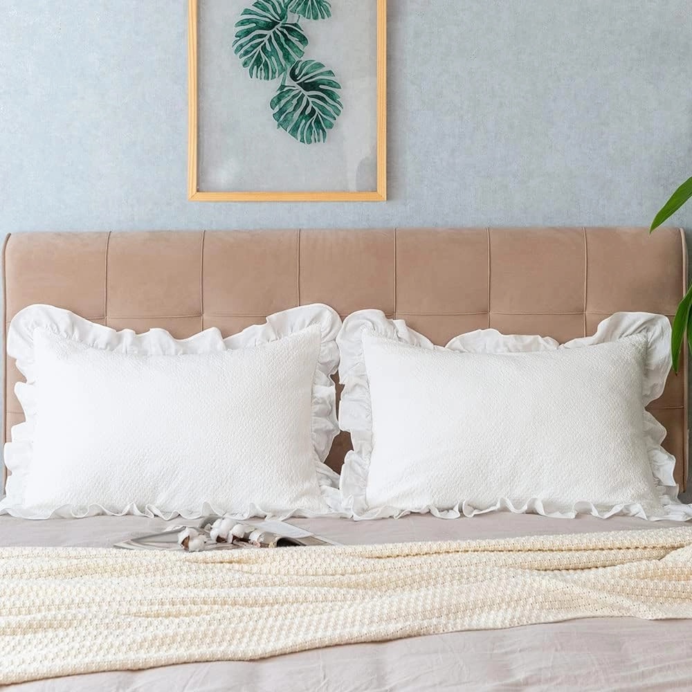 Pillow Shams Set of 2 Pure Cotton Champray Ruffled Edge,Thick and Solid Washed Dobby Heavy Fabric (Standard 20x26 inches)