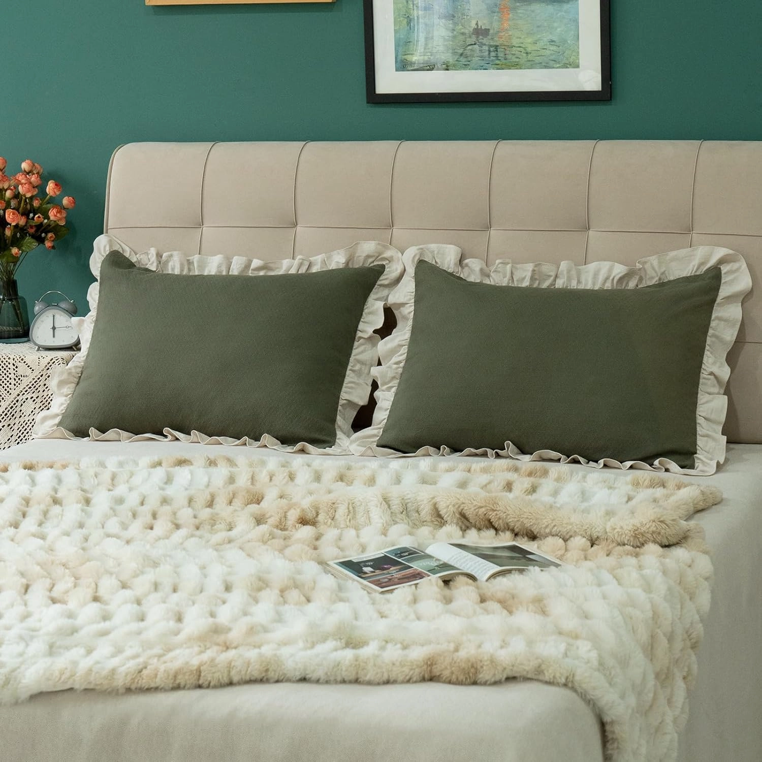 Pillow Shams Set of 2 Pure Cotton Champray Ruffled Edge,Thick and Solid Washed Dobby Heavy Fabric (Standard 20x26 inches)