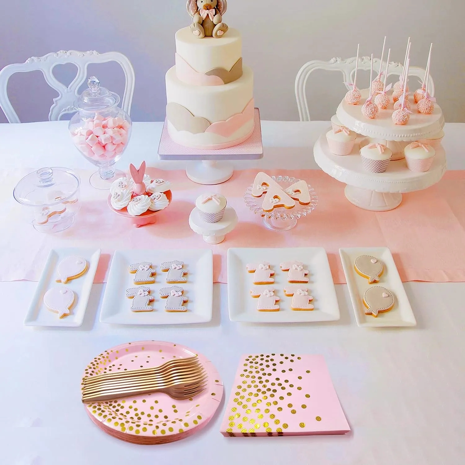 Pink and Gold Party Supplies,Serves 35 Guests Pink Paper Plates and Napkins,Disposable Party Paper Plates for Birthday Wedding