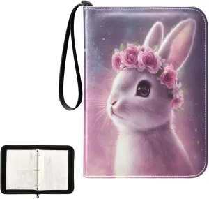 Pink Rabbit Rose Flower Painting Card Binder 4 Pocket, Trading Card Holder Fits 400 Game Cards with 50 Removable Sleeves, MTG Card Case Standard Size