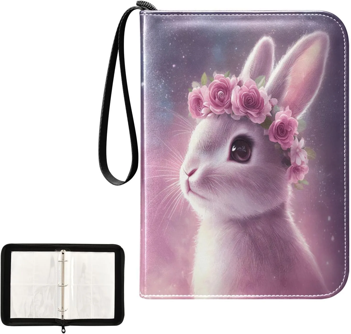 Pink Rabbit Rose Flower Painting Card Binder 4 Pocket, Trading Card Holder Fits 400 Game Cards with 50 Removable Sleeves, MTG Card Case Standard Size