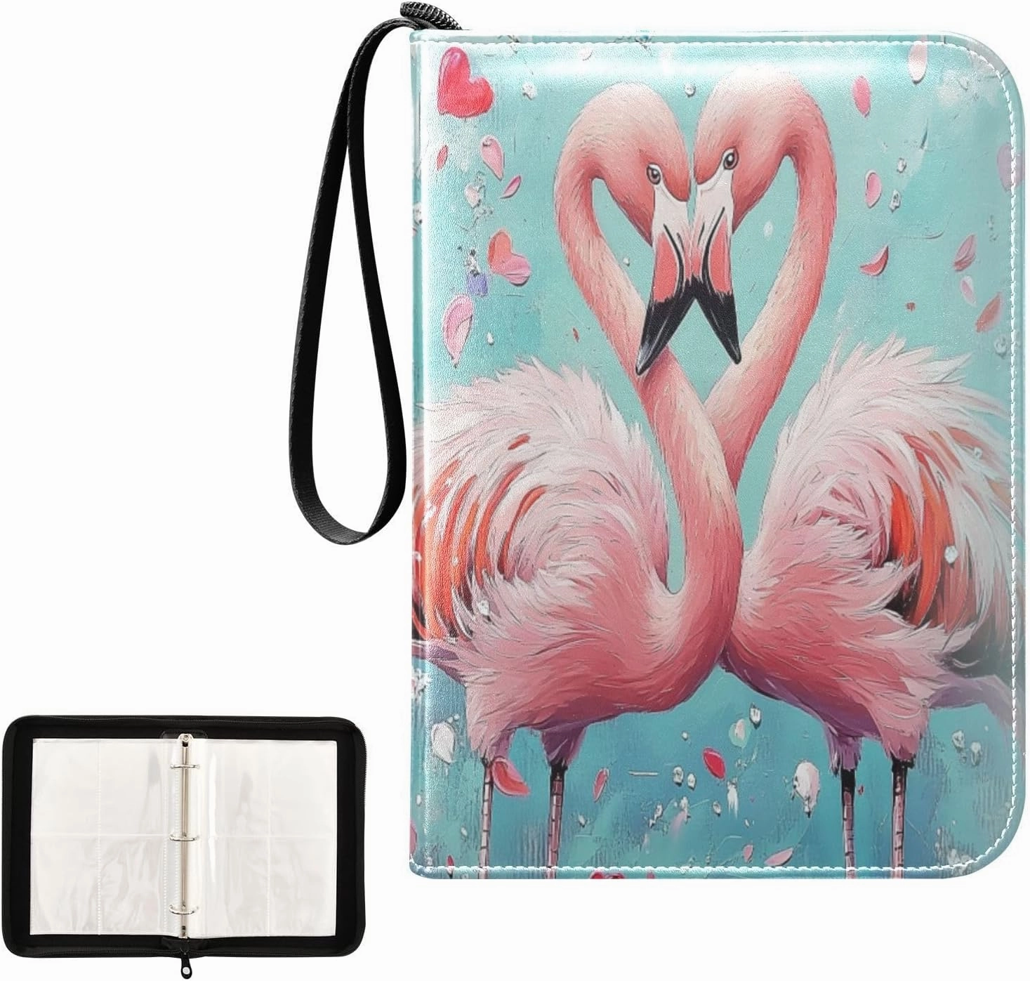 Pink Flamingos Love Hearts Painting Card Binder 4 Pocket, Trading Card Holder Fits 400 Game Cards with 50 Removable Sleeves, MTG Card Case Standard Size