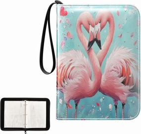 Pink Flamingos Love Hearts Painting Card Binder 4 Pocket, Trading Card Holder Fits 400 Game Cards with 50 Removable Sleeves, MTG Card Case Standard Size