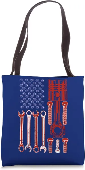 Piston on American Flag Funny Muscle Car Mechanic Racing Tote Bag