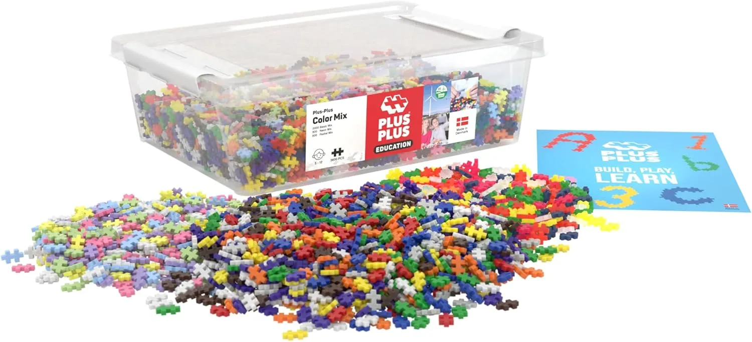 PLUS PLUS - Open Play Set - 3,600 Piece in Storage Tub - Basic, Neon and Pastel Mix - Construction Building Stem Toy, Interlocking Mini Puzzle Blocks for Kids