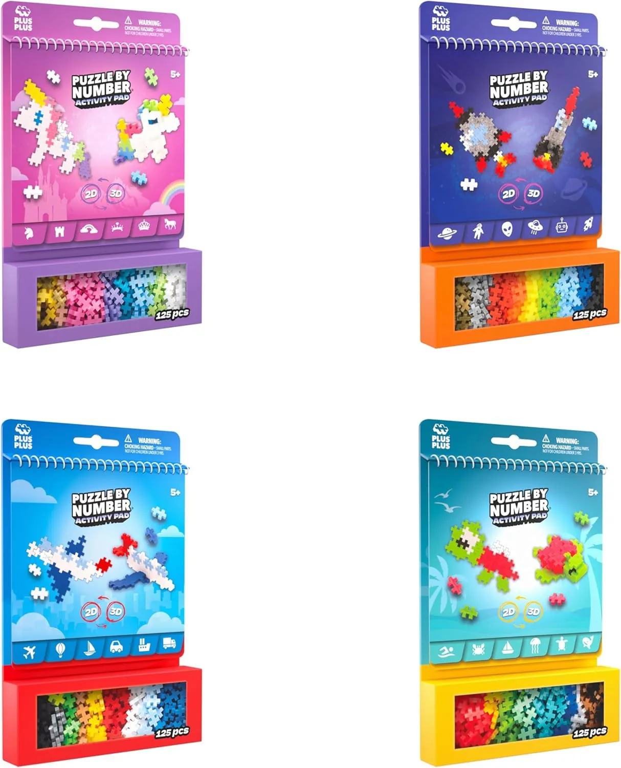 PLUS PLUS Puzzle by Number Activity Pad, Kids Travel Activities, Interlocking Mini Building Blocks, 3D Puzzle Stem Toy for Kids - 4 Pack