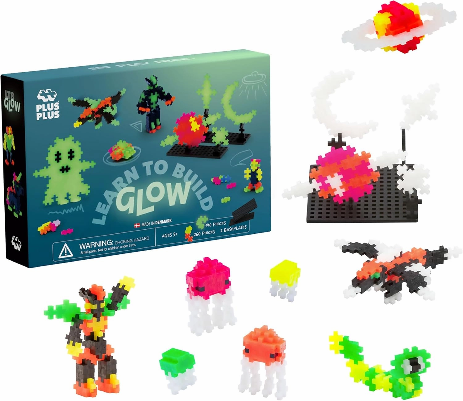 PLUS PLUS Learn to Build Set, Interlocking Mini Building Blocks, 3D Puzzle Construction Stem Toy for Kids - Glow in The Dark Mix, 400 Pieces