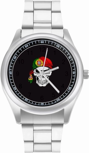 Portuguese Country Flag Skull Casual Wrist Watches for Men Classic Business Dress Watch Big Face for Work Gym