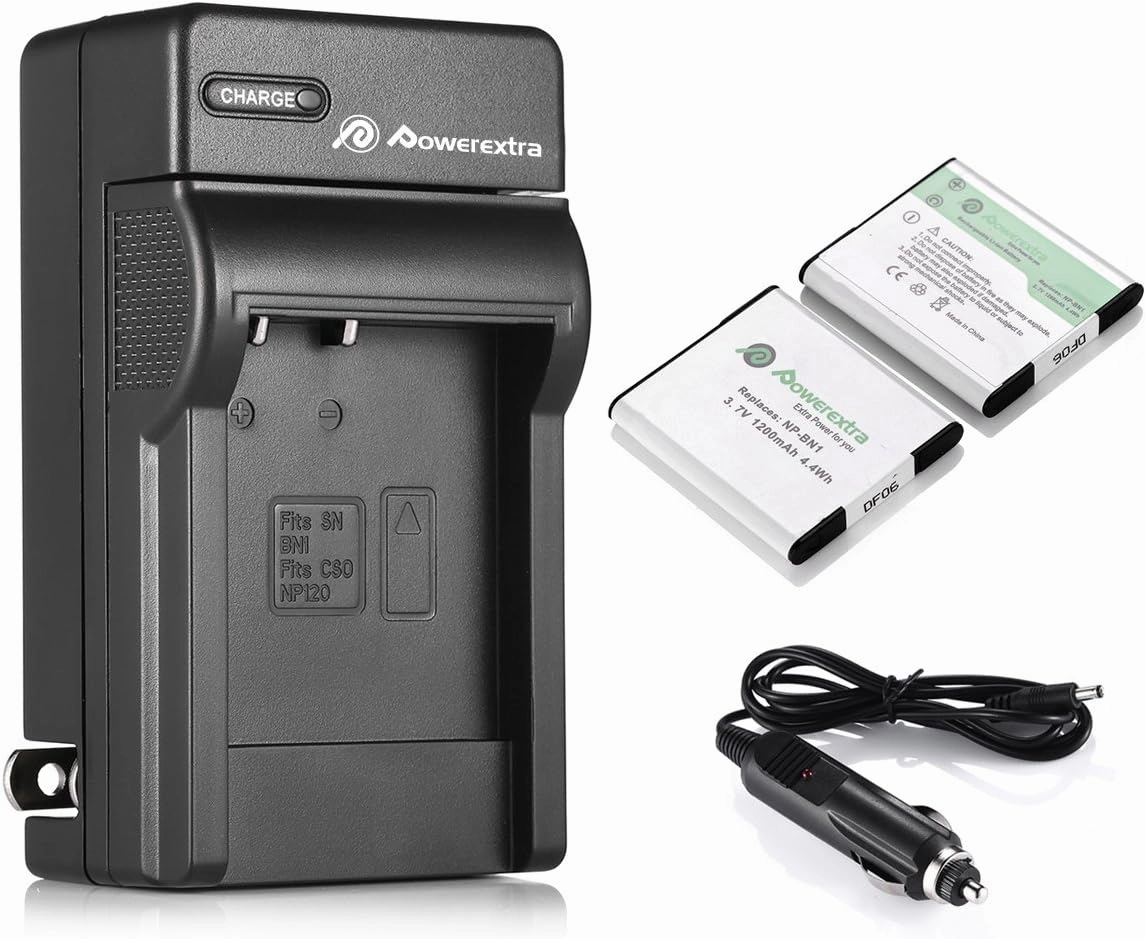 Powerextra 2 PCS NP-BN1 Battery and Charger Replacement for Sony Cyber-Shot DSC-QX10 QX30 QX100 T99 T110 TF1 TX10 TX20 TX30 TX55 TX66 TX100V TX200V W310 W320 W330 W350 W530 W515PS W570 W650 W800 W830
