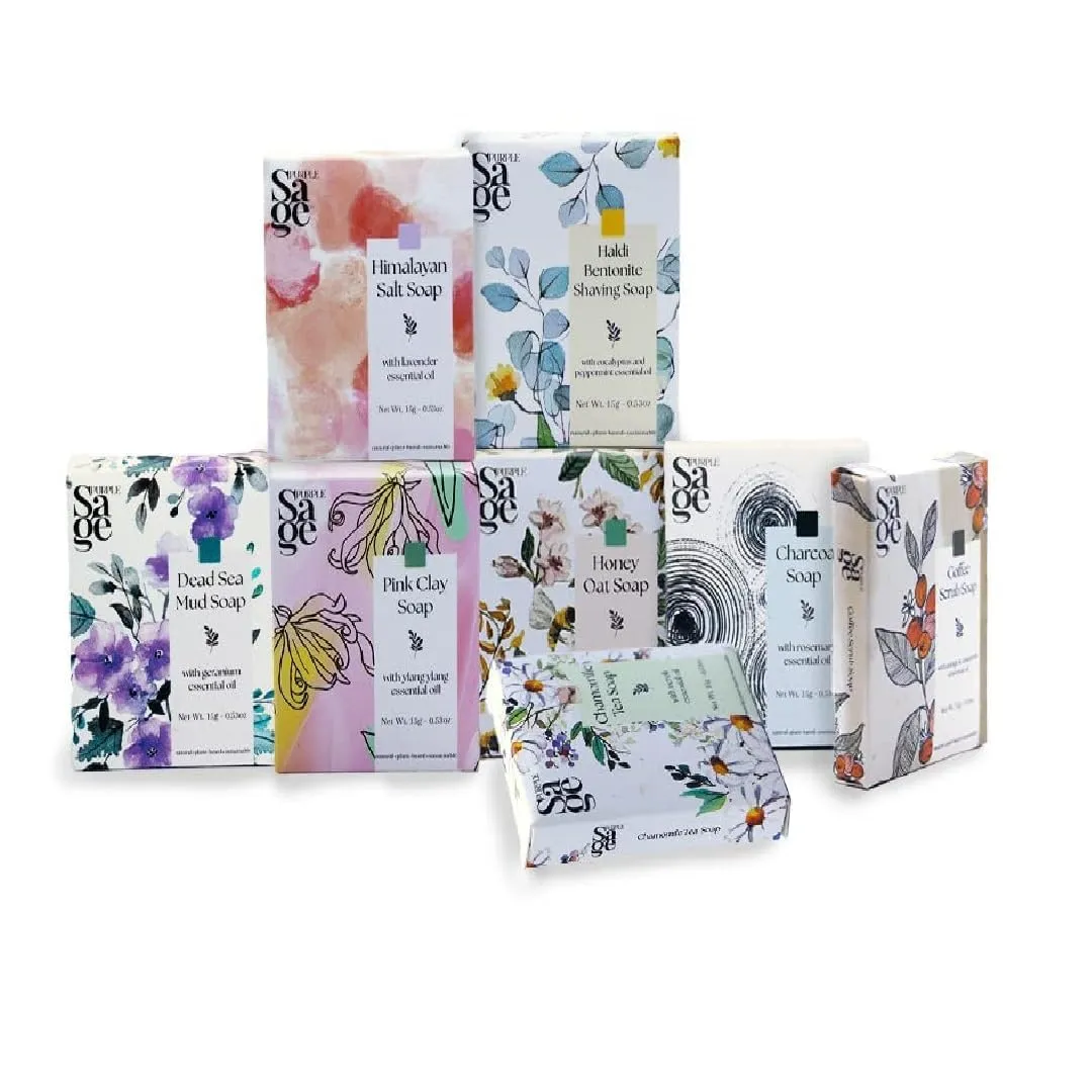 Pppurple Ssage Discovery Set/ On-the-go Set Soaps Collection, Charcoal, Pink Clay, Dead Sea Mud, Chamomile, Honey Oat, Haldi Bentonite, Himalayan Salt, Coffee Scrub, Paraben & Sulfate Free, Vegan,
