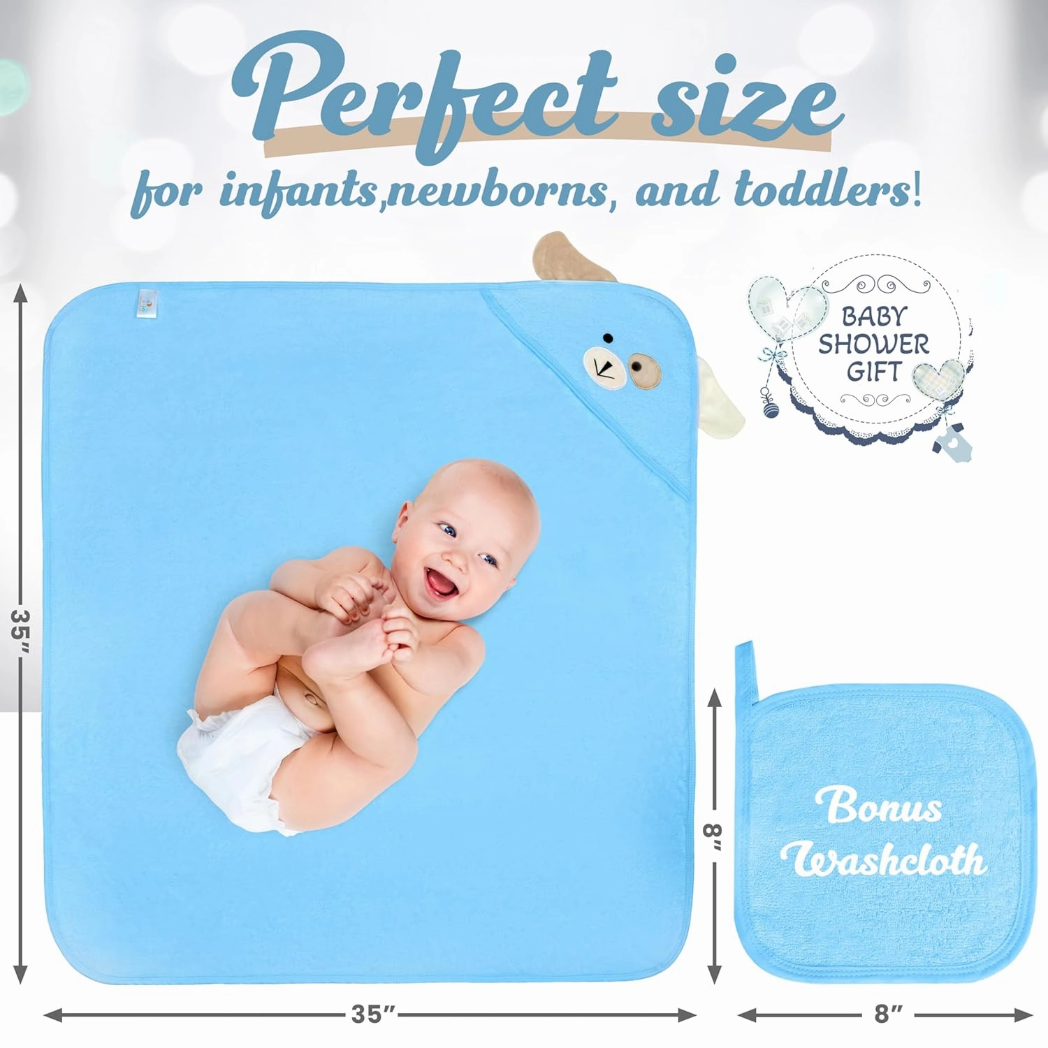 Premium Baby Towels with Hood - Ultra Soft, Absorbent Viscose Made of Bamboo, Extra Large 35 x 35 Inches, for Boys and Girls, Newborn Shower Gift, Blue