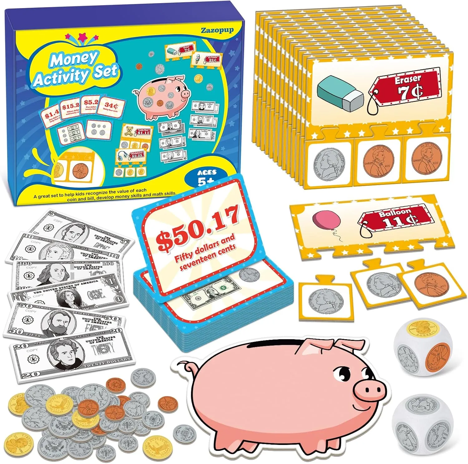 Pretend Play Money for Kids for Learning, Math Manipulatives for Toddlers, Math Games for Teaching, Counting, Educational Card Games,Bills and Coins,Kindergartner Classroom,Homeschool Supplies