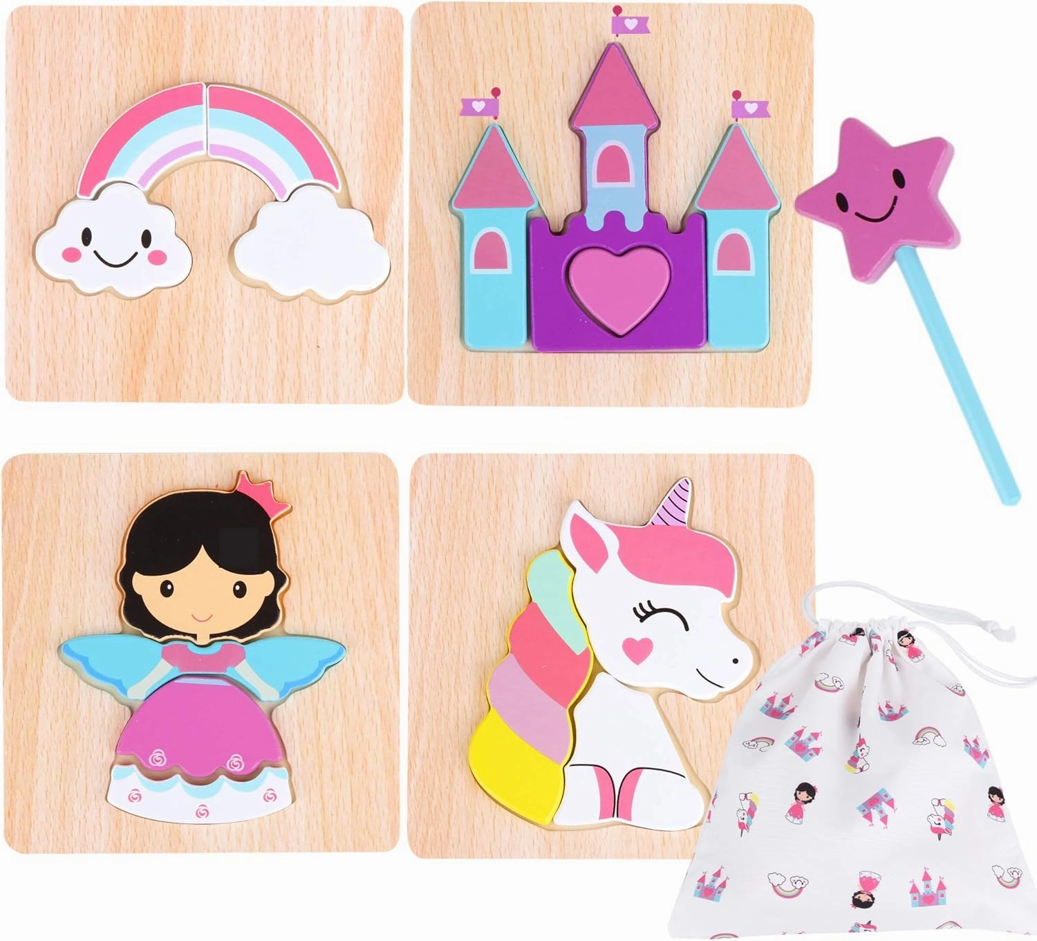 Princess Jigsaw Puzzle and Wand Set - Storage Bag Included - Rainbow, Unicorn and Castle Set - Puzzle for Toddlers 1-3