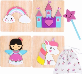Princess Jigsaw Puzzle and Wand Set - Storage Bag Included - Rainbow, Unicorn and Castle Set - Puzzle for Toddlers 1-3