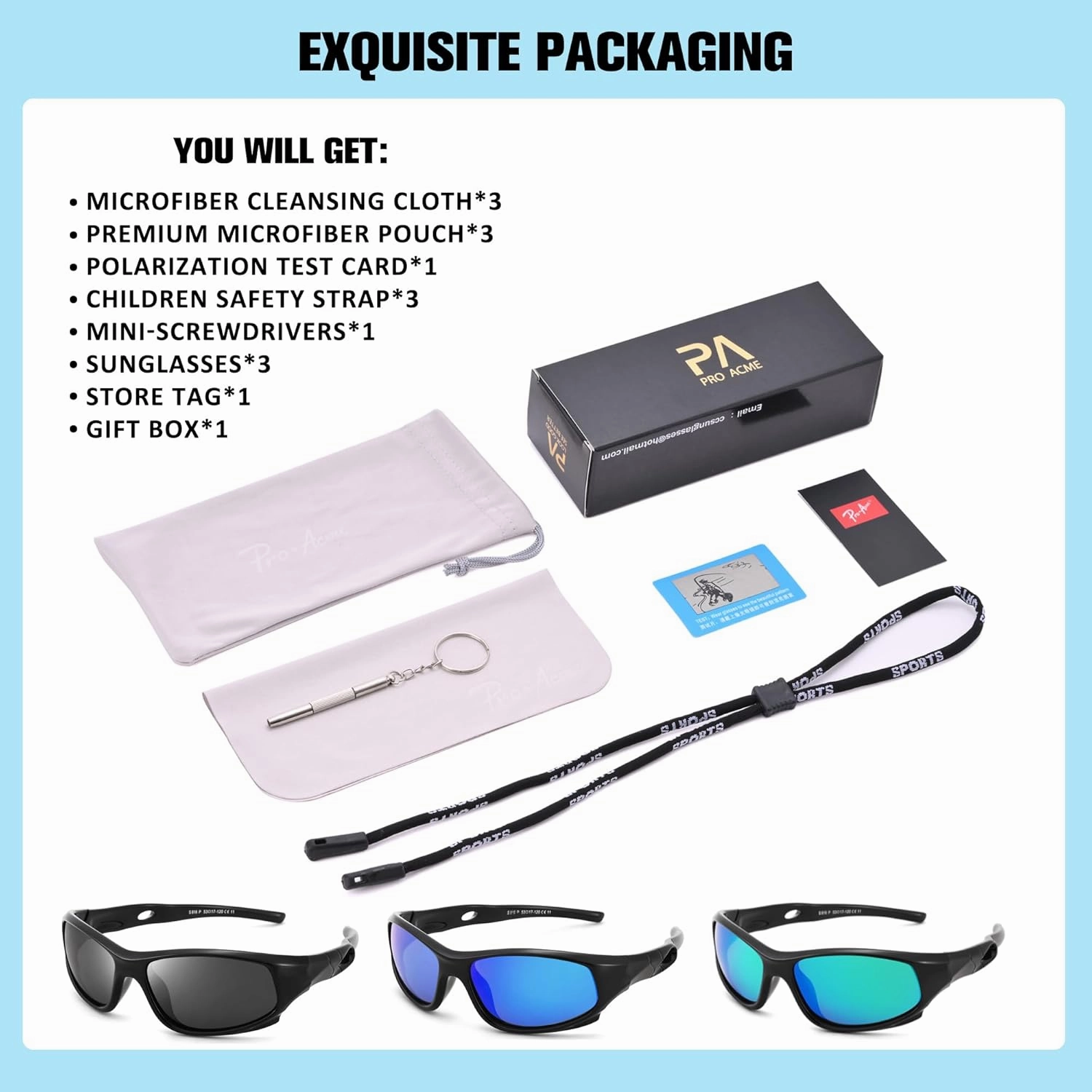 Pro Acme Kids Sunglasses for Boys Girls, Polarized Sports Youth Sunglasses with Strap for Kids Ages 3-12