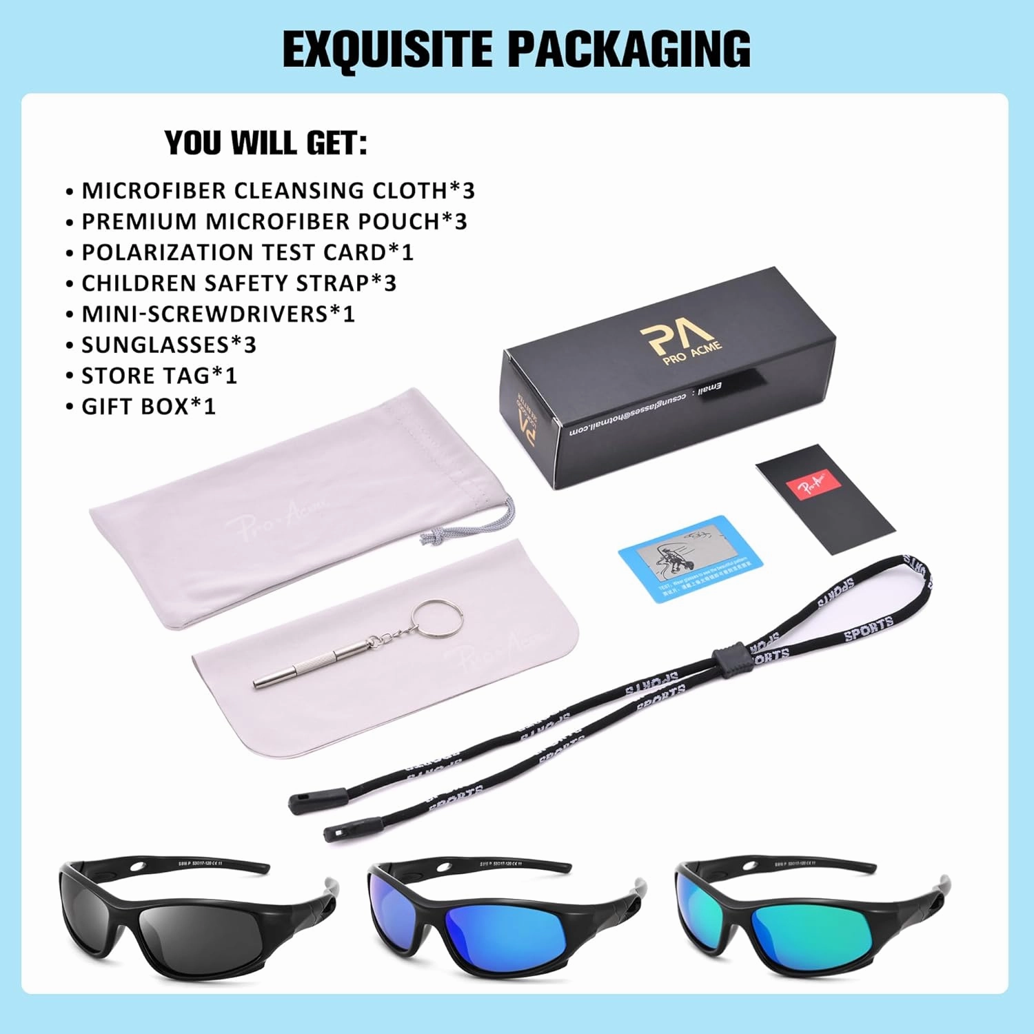Pro Acme Kids Sunglasses for Boys Girls, Polarized Sports Youth Sunglasses with Strap for Kids Ages 3-12