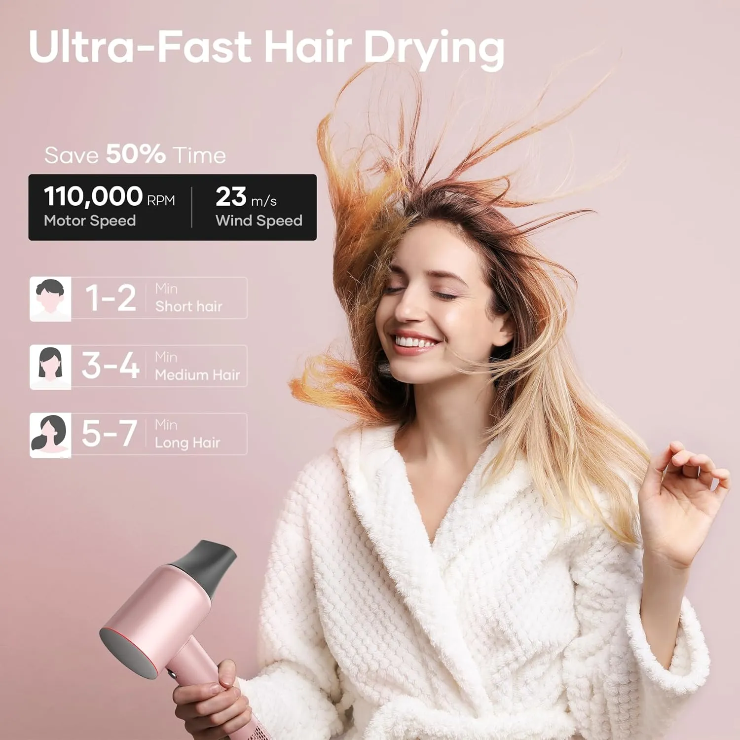 Professional Hair Dryer, 200 Million Negative Ionic Blow Dryer with 110000 RPM Brushless Motor, 1500W High-Speed HairDryer with Magnetic Nozzle & Diffuser for Salon, Home, Travel, Generous Pink
