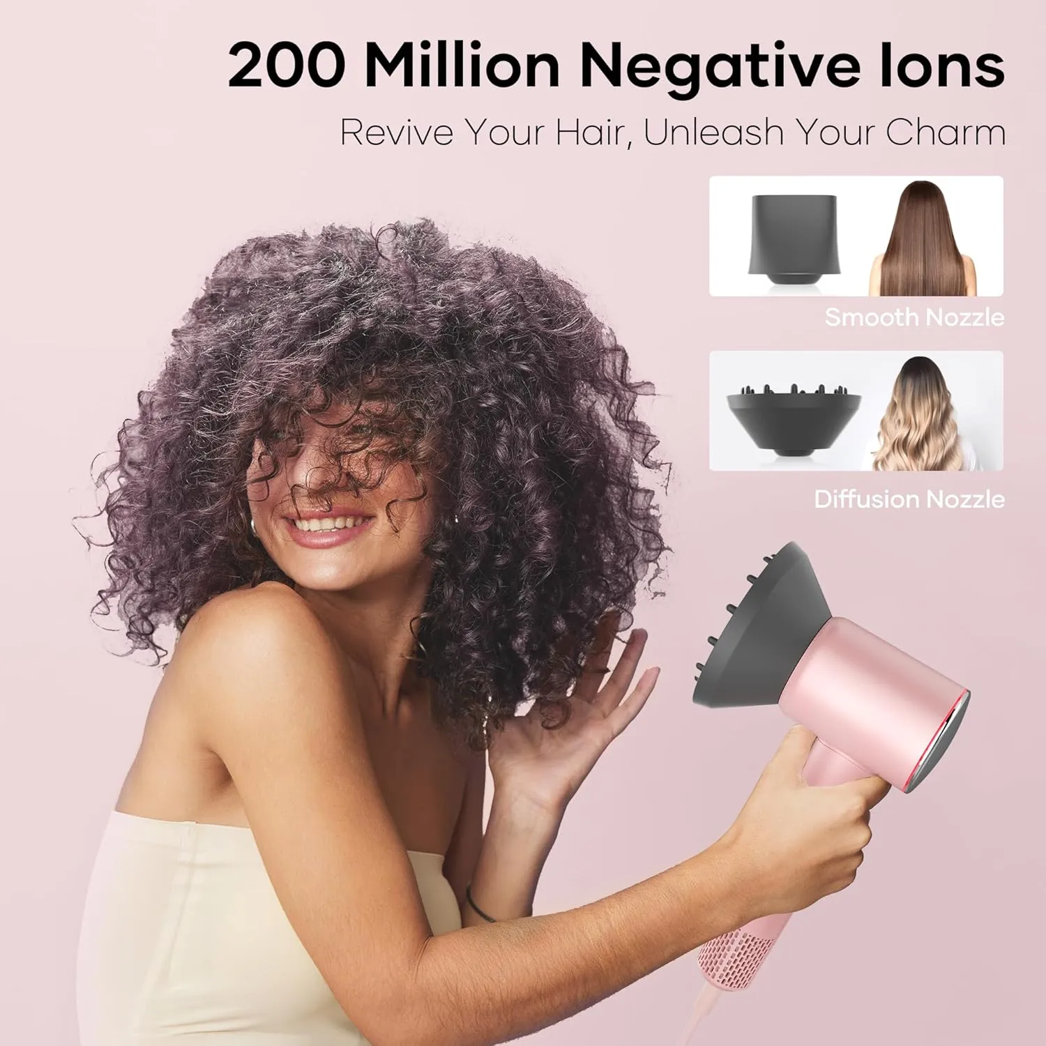 Professional Hair Dryer, 200 Million Negative Ionic Blow Dryer with 110000 RPM Brushless Motor, 1500W High-Speed HairDryer with Magnetic Nozzle & Diffuser for Salon, Home, Travel, Generous Pink