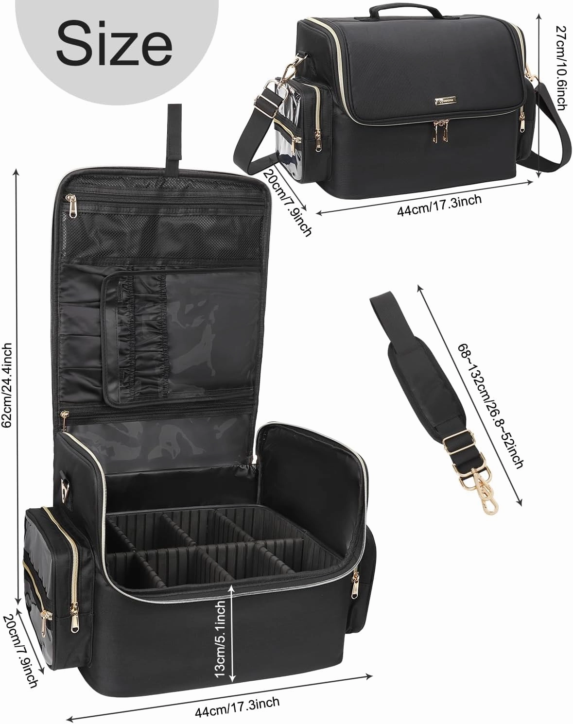 Professional Makeup Bag, Tattoo Case, Makeup Artist Bag Extra Large Capacity Cosmetic Train Case Travel Organizer Box with Adjustable Dividers (Black, Extra Large)
