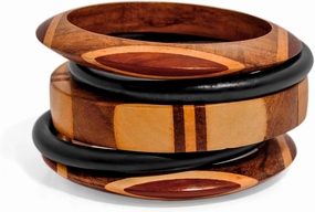 Pure Hands Handmade Wooden Bangle Set – Eco Muse Collection, Natural Sissoo & Teak Wood, Inlaid with Red Bloodwood, Wax-Polished, Unique Artisan Jewelry