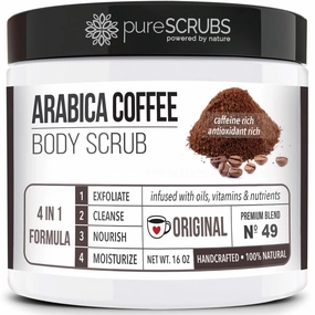 pureSCRUBS Premium Organic Arabica Coffee Body Scrub Set - ORIGINAL BLEND Large 16oz Anti Cellulite Scrub Essential Oils & Nutrients   FREE Wooden Spoon, Loofah & Mini Organic Exfoliating Bar Soap