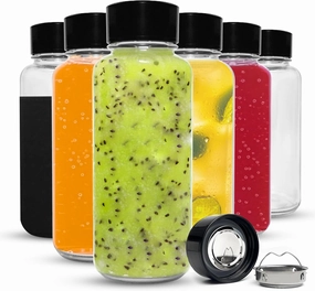 purifyou 32oz Clear Glass Water Bottles for Fridge Set of 6 - Reusable Juicing Bottles with Lids and Neoprene Sleeves for Water, Milk, Juice, Smoothies, Tea - Stainless Steel Leak-Proof Wide Mouth