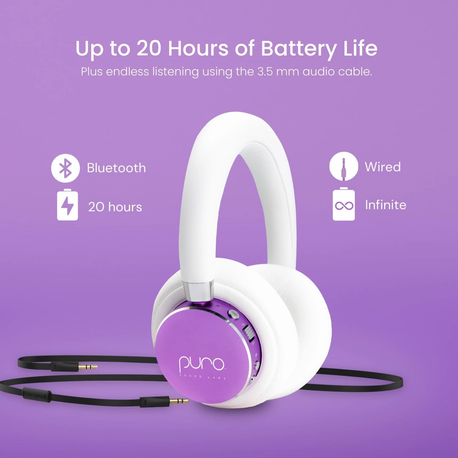 Puro Sound Labs BT2200s Plus Volume Limited Kids’ Bluetooth Headphones (Purple)