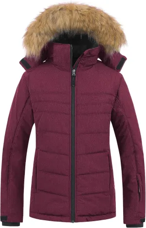 Pursky Women's Waterproof Ski Jacket Winter Puffer Snow Coat Fur Hooded Raincoat