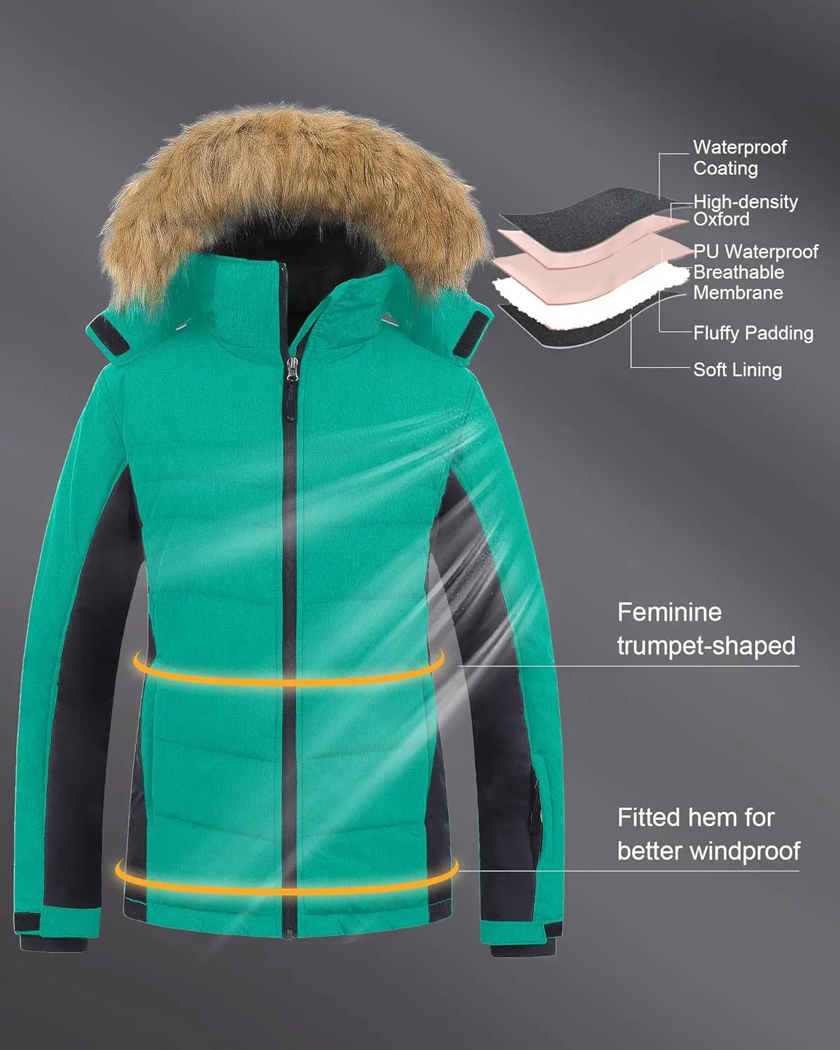 Pursky Women's Waterproof Ski Jacket Winter Puffer Snow Coat Fur Hooded Raincoat
