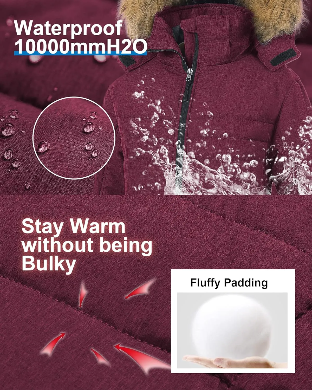 Pursky Women's Waterproof Ski Jacket Winter Puffer Snow Coat Fur Hooded Raincoat