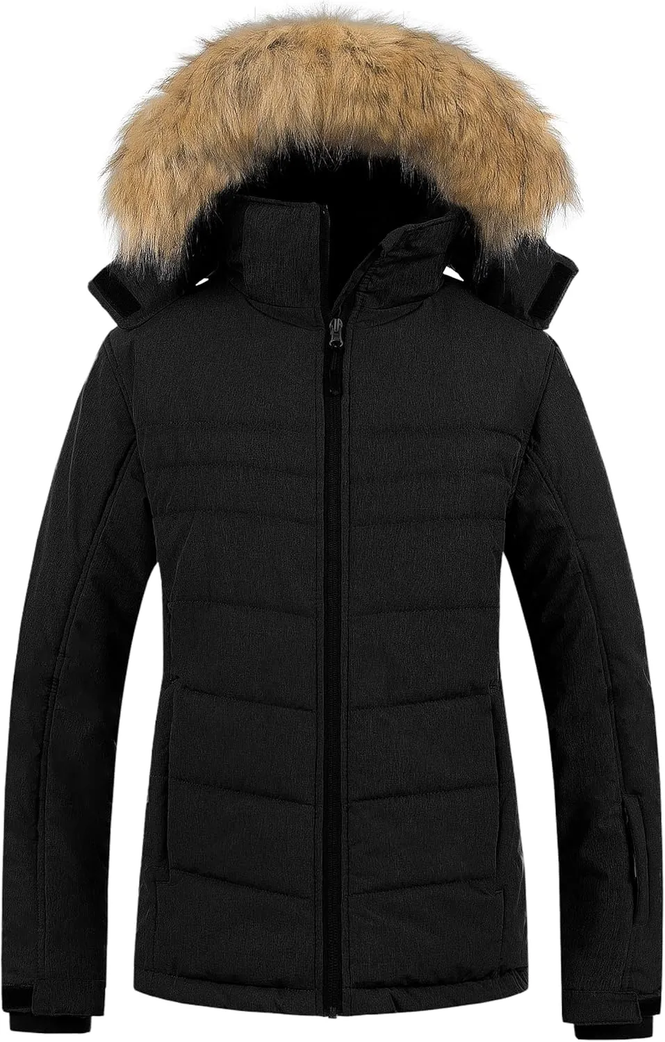 Pursky Women's Waterproof Ski Jacket Winter Puffer Snow Coat Fur Hooded Raincoat