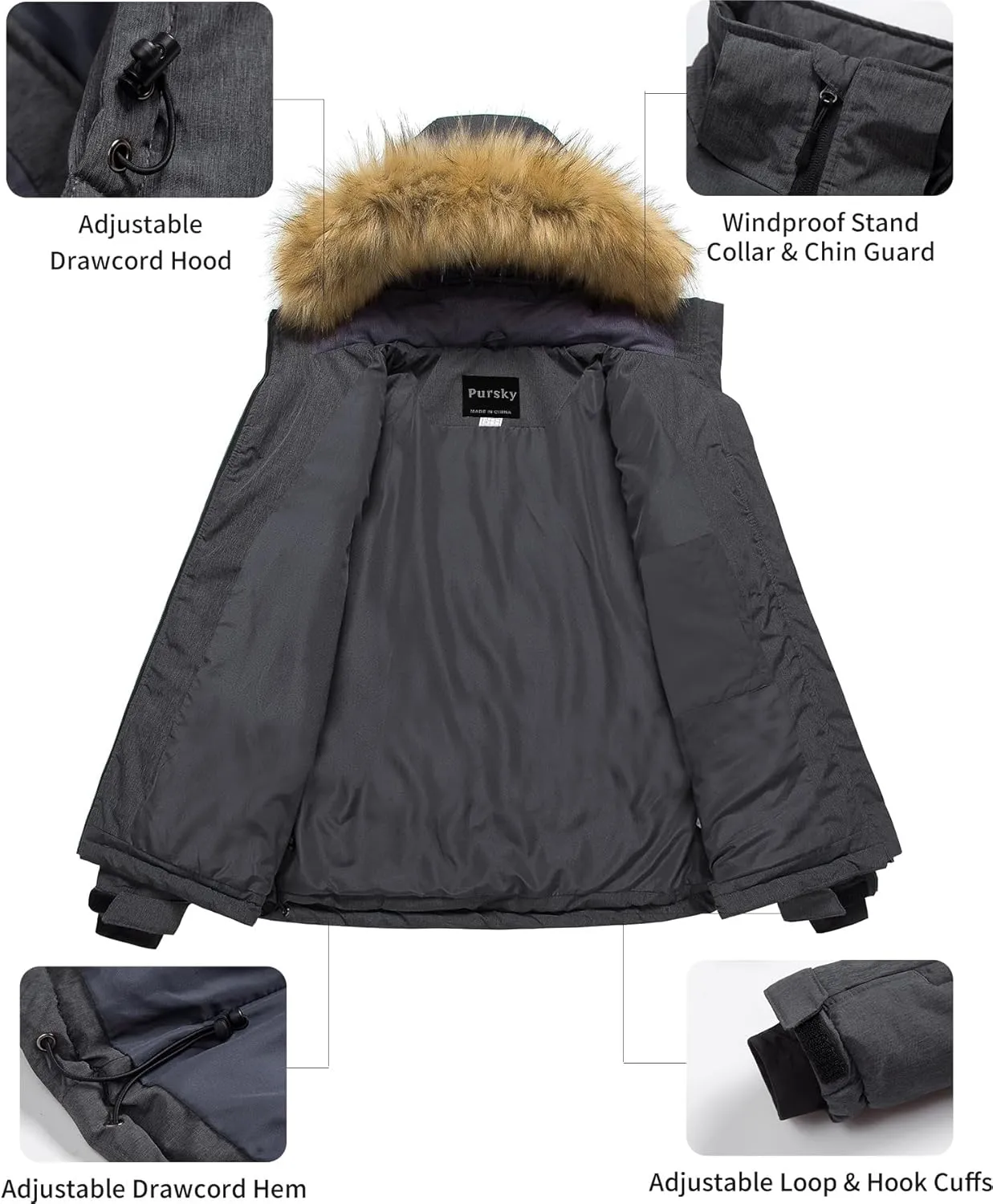 Pursky Women's Waterproof Ski Jacket Winter Puffer Snow Coat Fur Hooded Raincoat