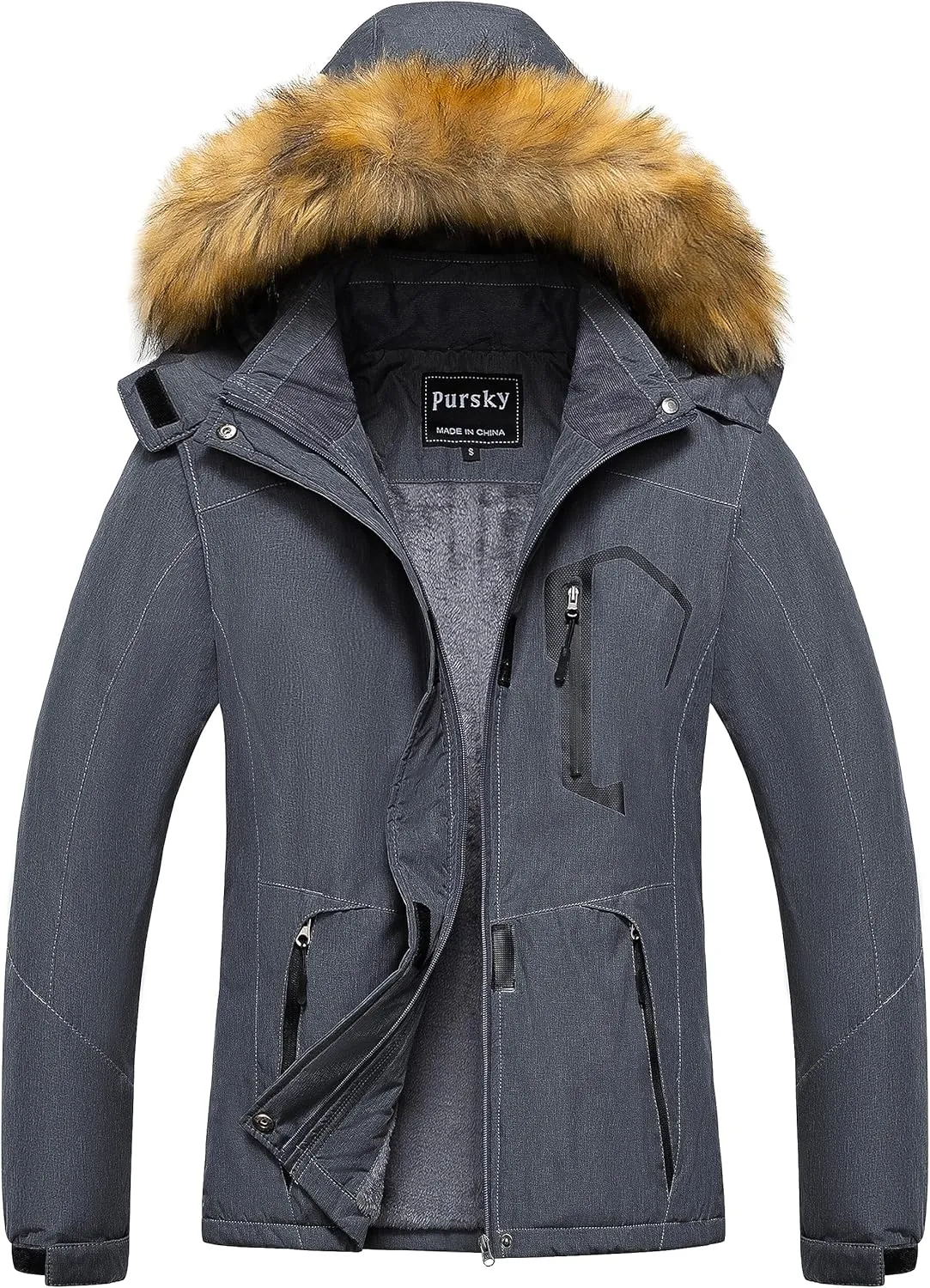 Pursky Women's Waterproof Ski Jacket Winter Snow Coats Fur Hooded Raincoat Parka