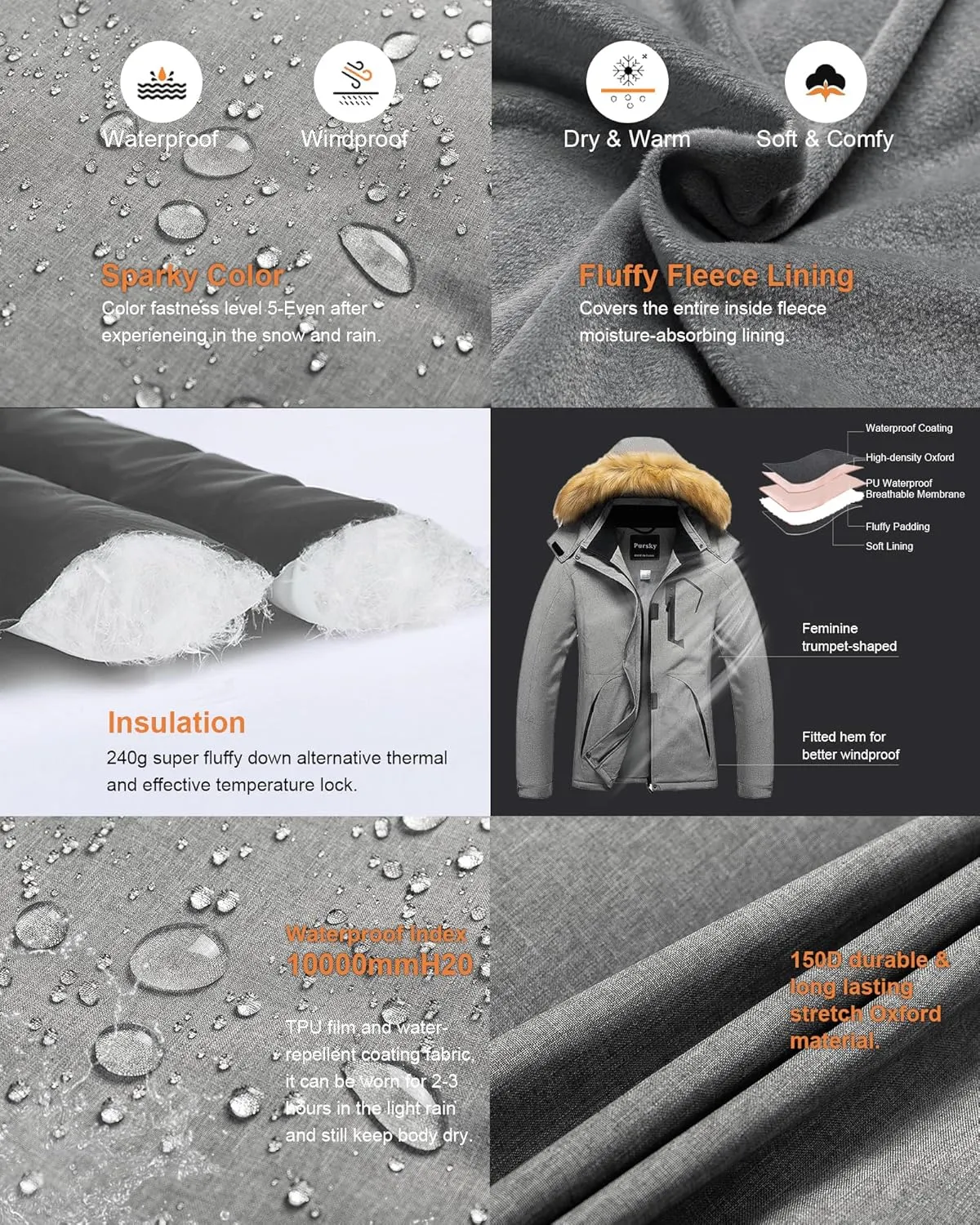 Pursky Women's Waterproof Ski Jacket Winter Snow Coats Fur Hooded Raincoat Parka