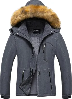 Pursky Women's Waterproof Ski Jacket Winter Snow Coats Fur Hooded Raincoat Parka