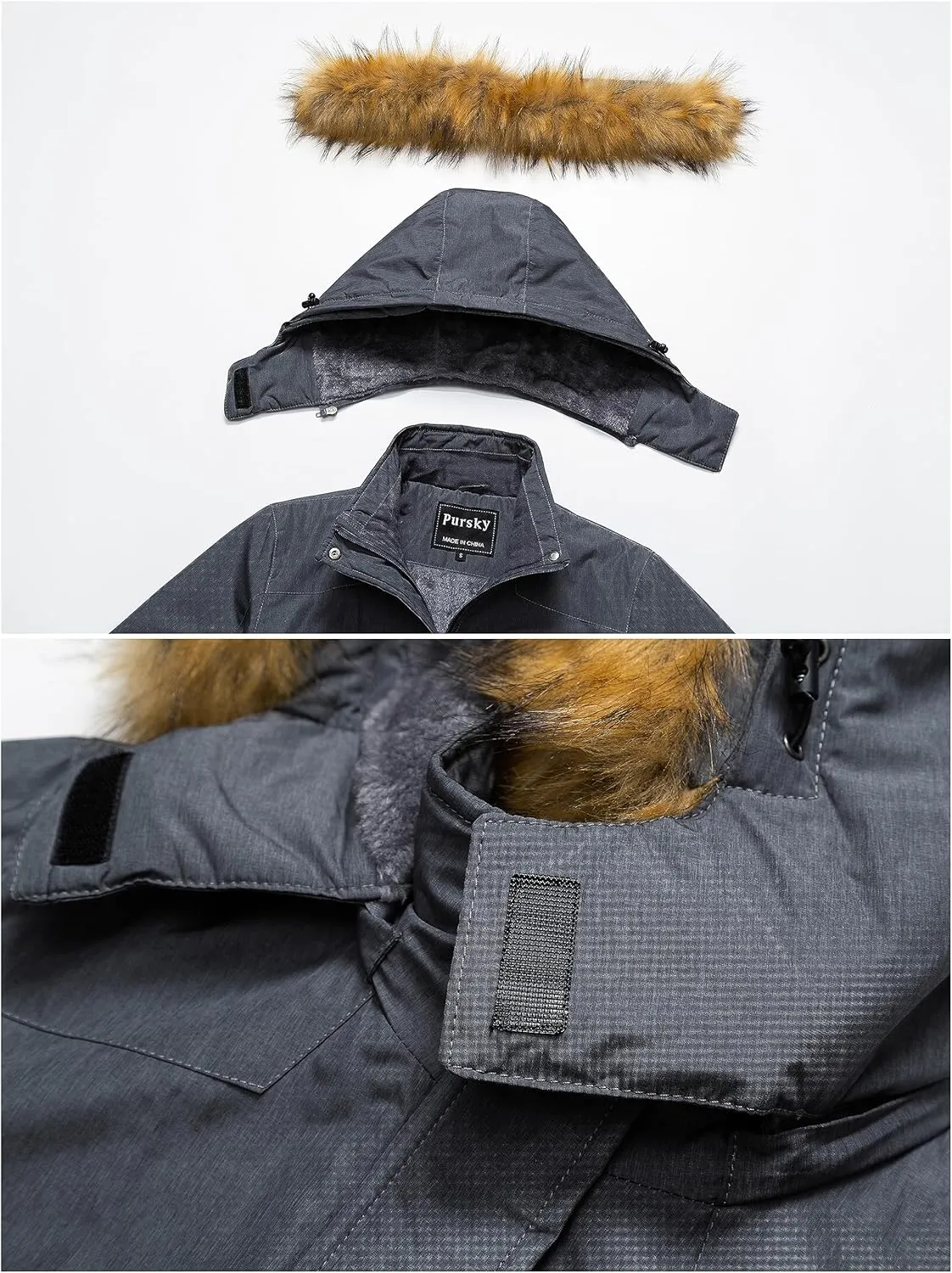 Pursky Women's Waterproof Ski Jacket Winter Snow Coats Fur Hooded Raincoat Parka