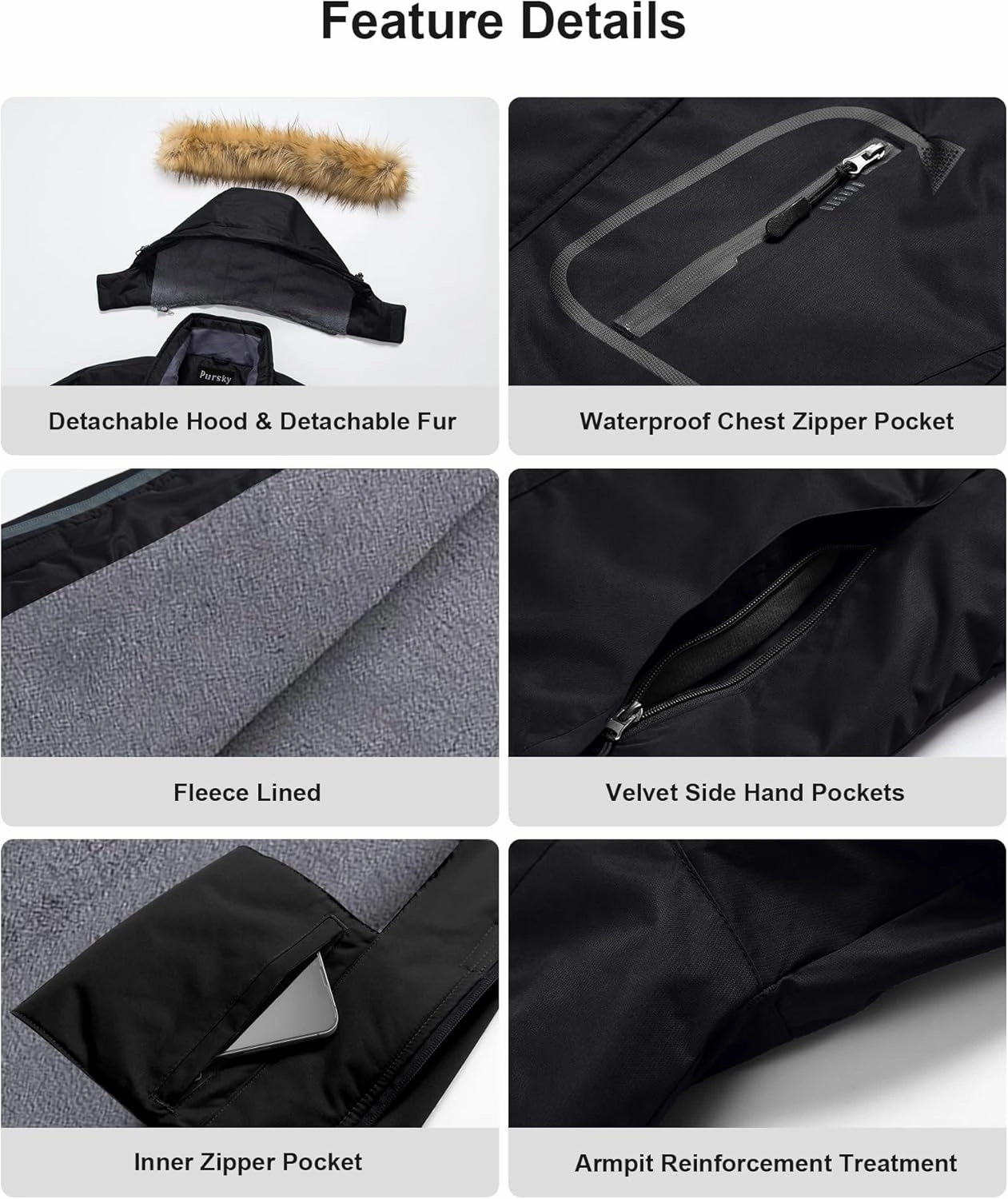 Pursky Men's Waterproof Ski Jacket Winter Snow Coats Fur Hooded Raincoats Parka