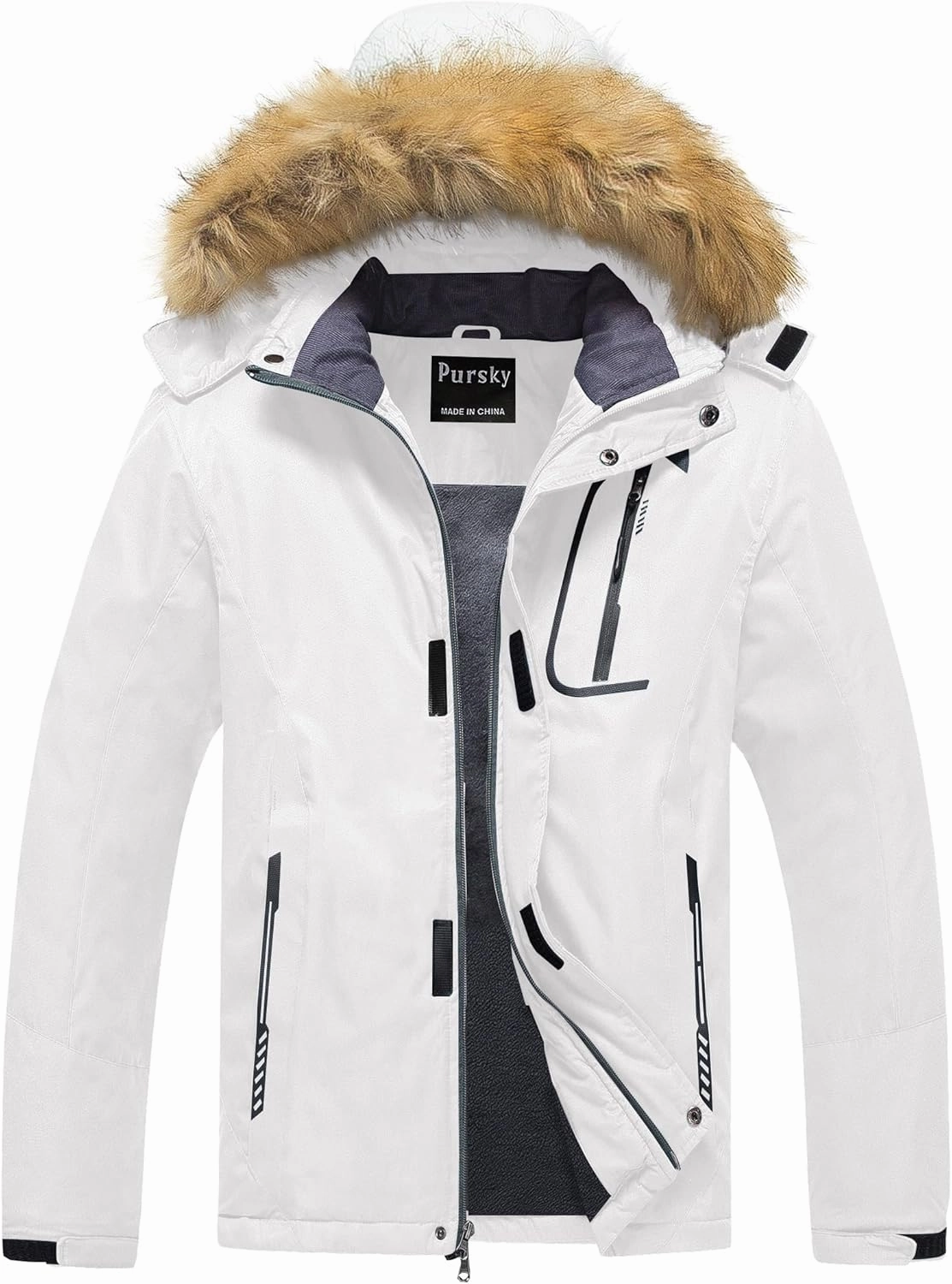 Pursky Men's Waterproof Ski Jacket Winter Snow Coats Fur Hooded Raincoats Parka