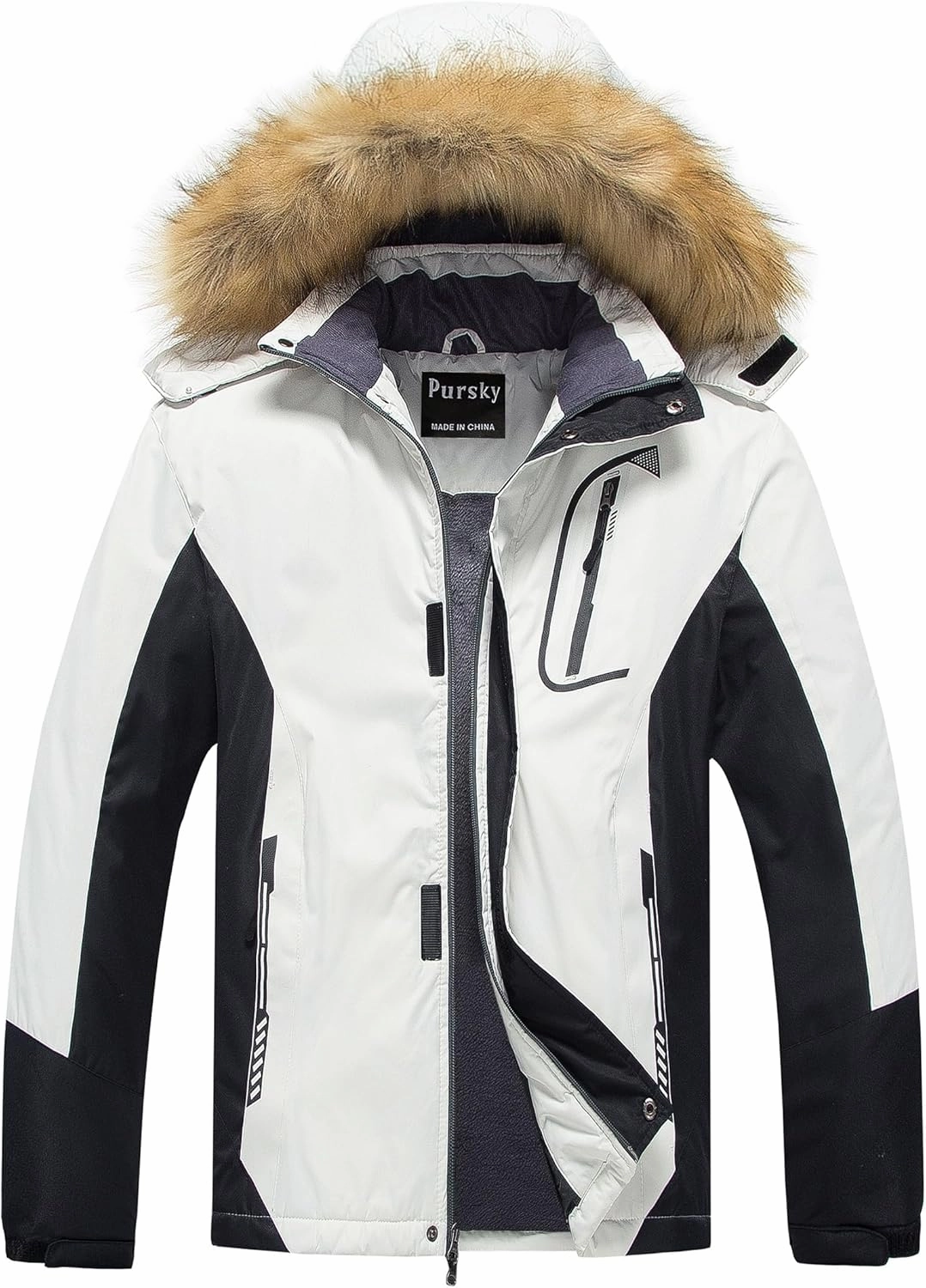 Pursky Men's Waterproof Ski Jacket Winter Snow Coats Fur Hooded Raincoats Parka