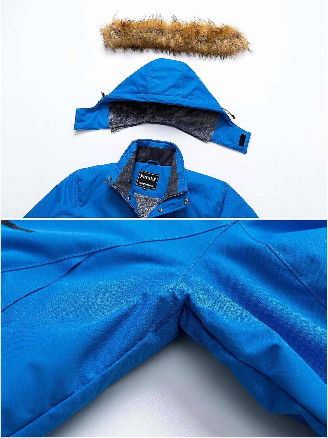 Pursky Men's Waterproof Ski Jacket Winter Snow Coats Fur Hooded Raincoats Parka