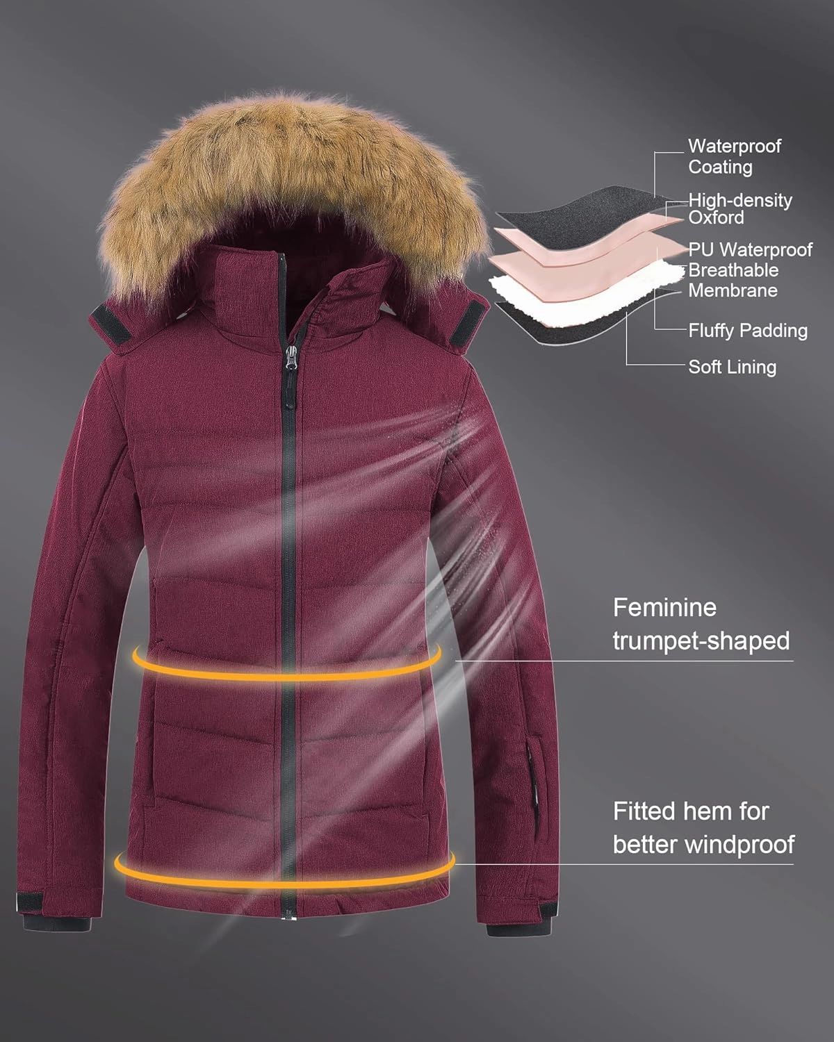 Pursky Women's Waterproof Ski Jacket Winter Puffer Snow Coat Fur Hooded Raincoat