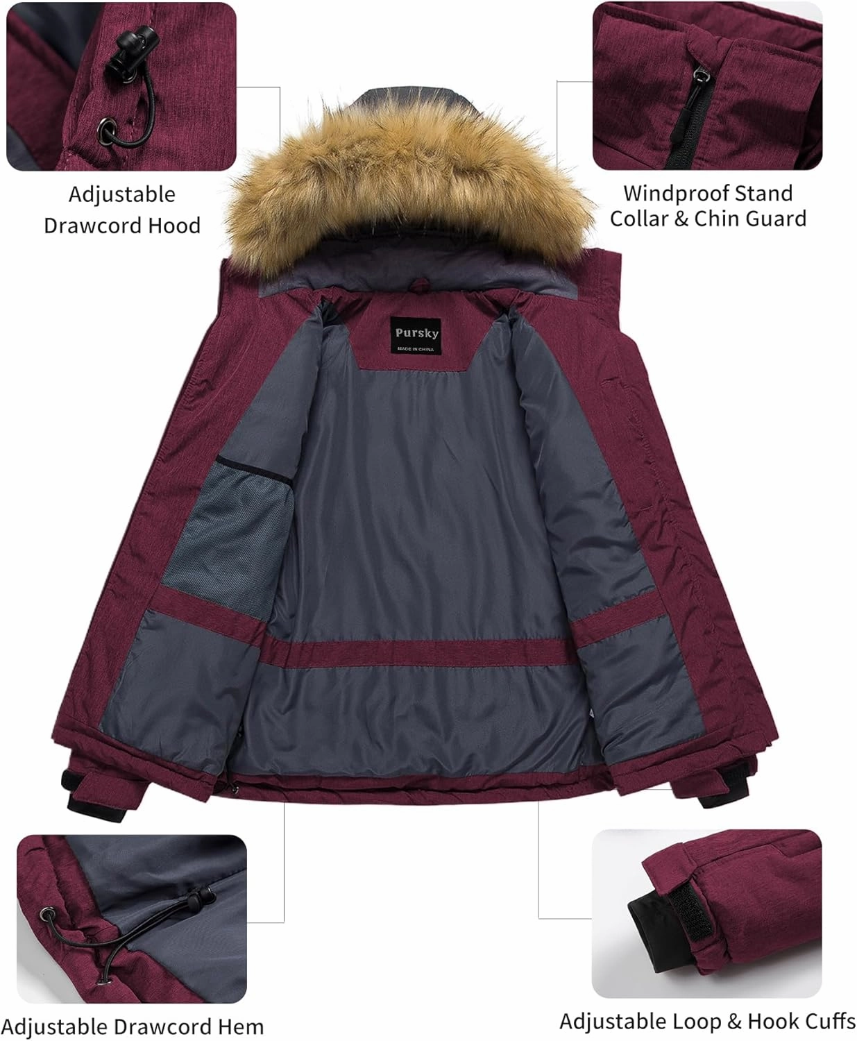 Pursky Women's Waterproof Ski Jacket Winter Puffer Snow Coat Fur Hooded Raincoat
