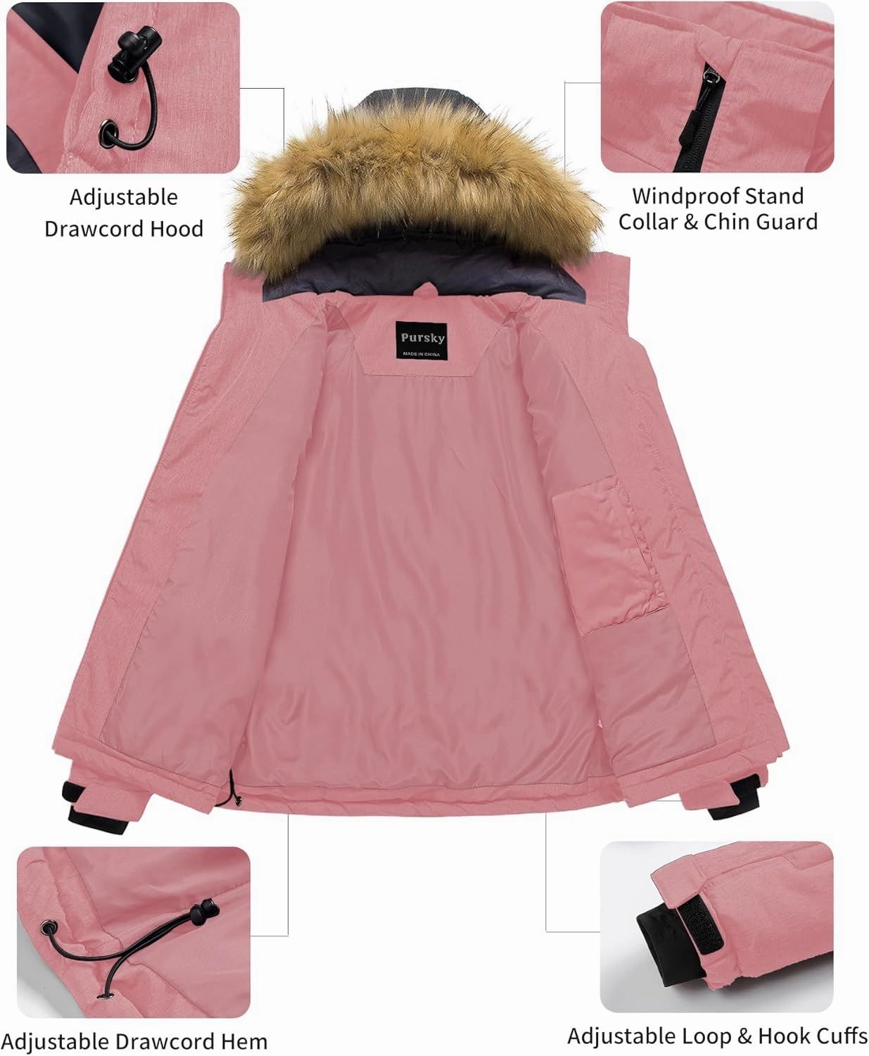 Pursky Women's Waterproof Ski Jacket Winter Puffer Snow Coat Fur Hooded Raincoat