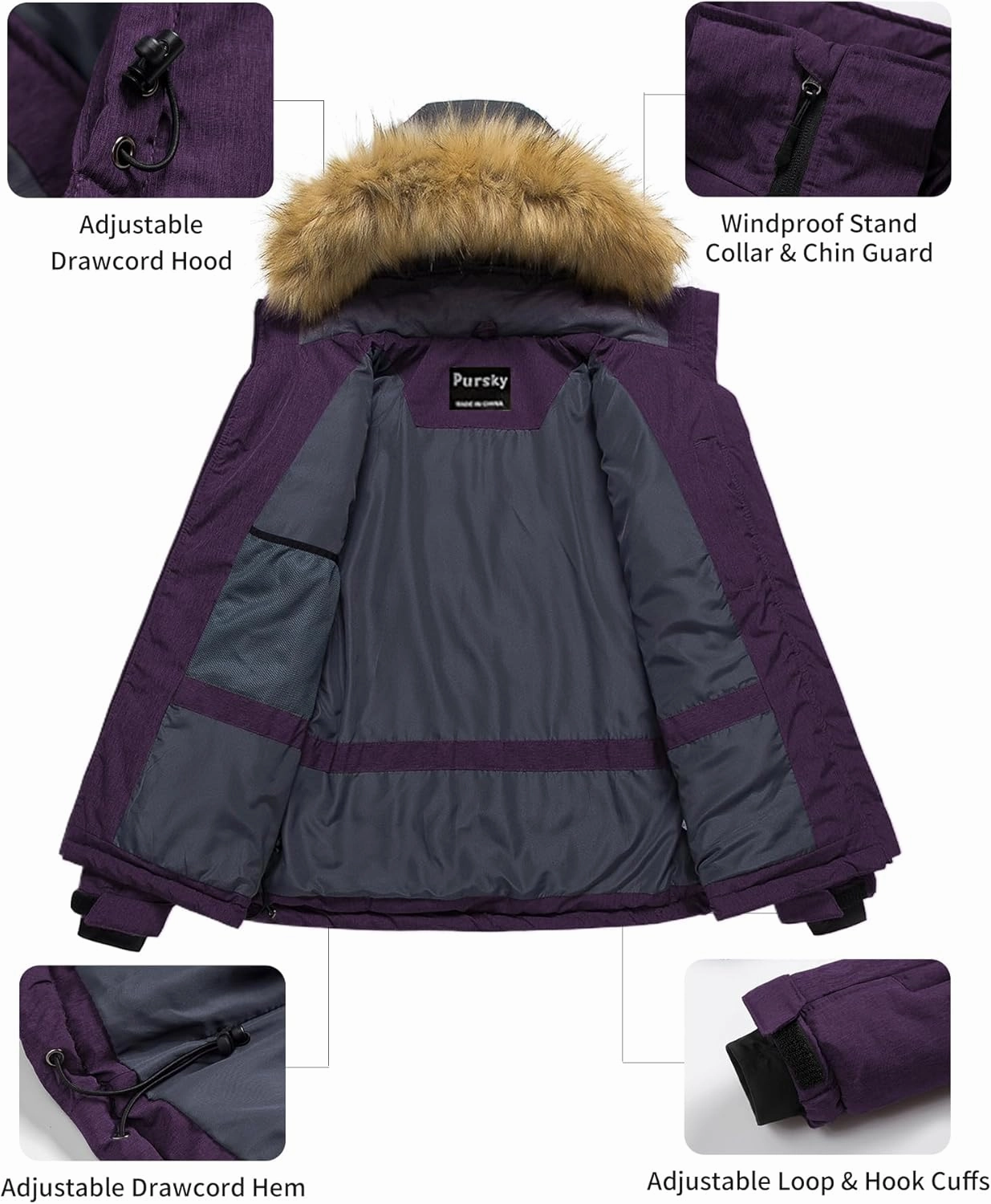 Pursky Women's Waterproof Ski Jacket Winter Puffer Snow Coat Fur Hooded Raincoat