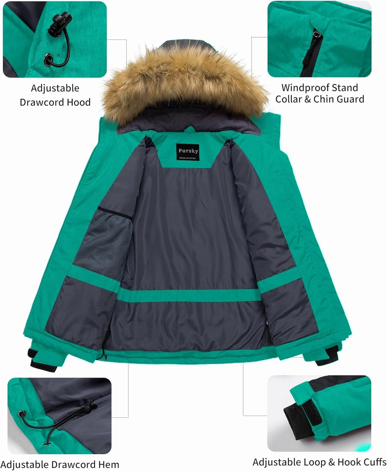 Pursky Women's Waterproof Ski Jacket Winter Puffer Snow Coat Fur Hooded Raincoat